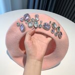 Korean Beret Factory - Rhinestone Fashion Navy Blue Pink Cap