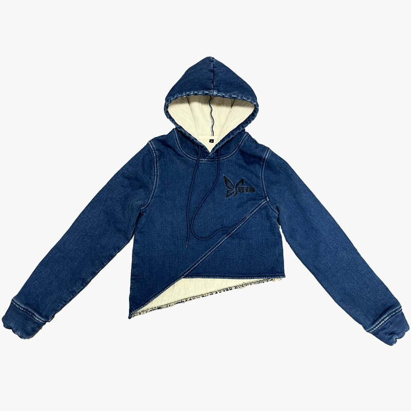 Women's Denim Hoodie Factory - Custom Asymmetric Fleece Jacket