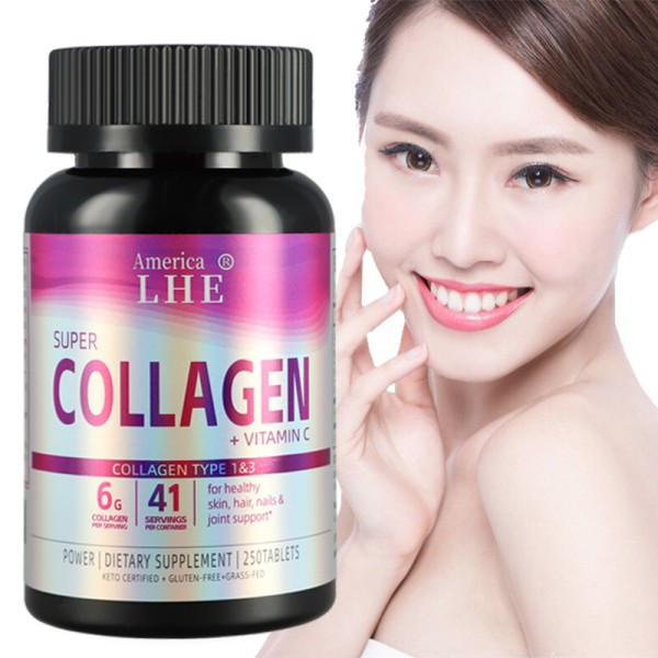 Organic Collagen Supplement 250 Tablets Support Skin, Hair, Nails and Joints Collagen Tablets for Adults