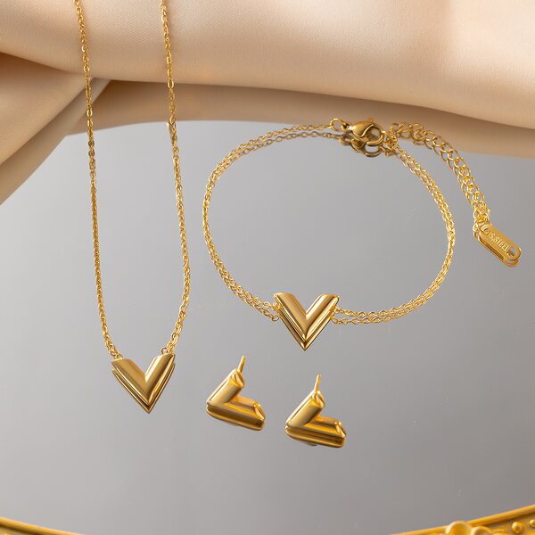 Jewelry Set Factory - Women V-Shaped Letter Necklace Earrings Set