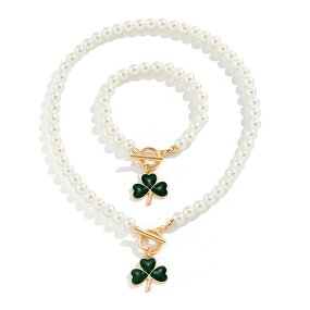 Jewelry Set Factory - Luxury Green Clover Pearl Necklace Set