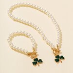 Jewelry Set Factory - Luxury Green Clover Pearl Necklace Set