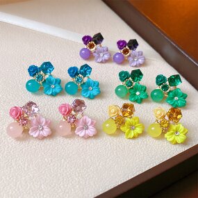 Crystal Earrings Factory - Purple Pink Flower Korean Alloy