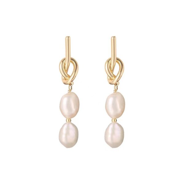 Pearl Earrings Factory - Gold Knot Freshwater Baroque Drop