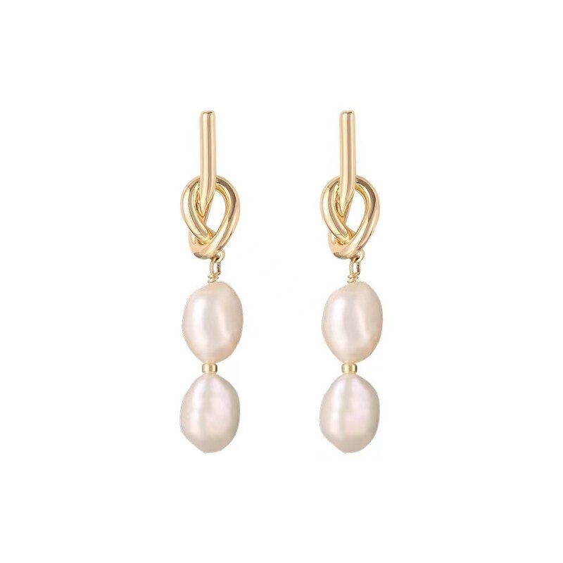 Pearl Earrings Factory - Gold Knot Freshwater Baroque Drop