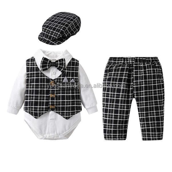 Baby Boy Clothes Set Factory - Gentleman Suit Plaid Romper Set