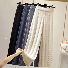 Pants Factory - Women High Waist Loose Leg Cable Knit Elastic