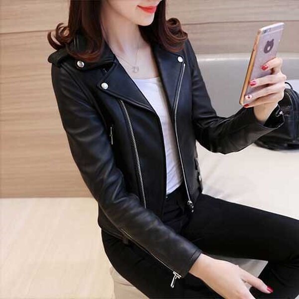 Leather Jacket Factory - Women's PU Short Slim Motorcycle Coat
