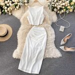 Vest Skirt Set Factory - Women Solid Color Crop Top Midi Set
