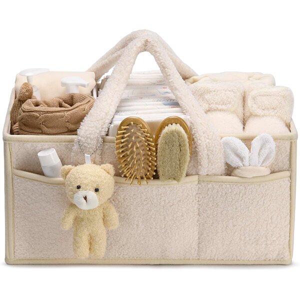 Diaper Caddy Factory - Soft Beige Plush Baby with Bear Pendant