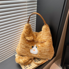 Shoulder Bag Factory - Cute Faux Fur Cat Large Capacity Tote Handbag