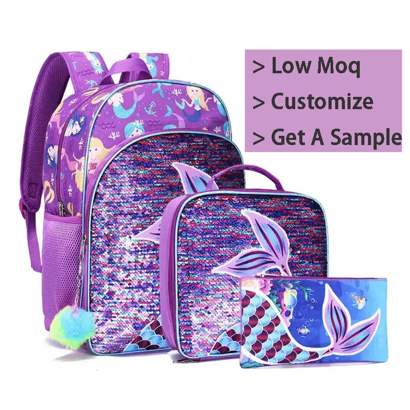 Backpack Set Factory - Girls Purple Sequin Mermaid 3-Piece OEM Set