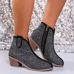 Ankle Boots Manufacturer - OEM/ODM Bling Rhinestones PU Leather Chunky Heels