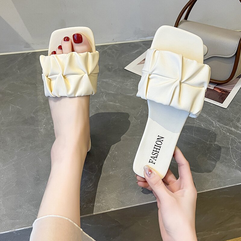 Flat Slippers Factory - OEM/ODM Wholesale Ruffle Folded PU Leather Slippers