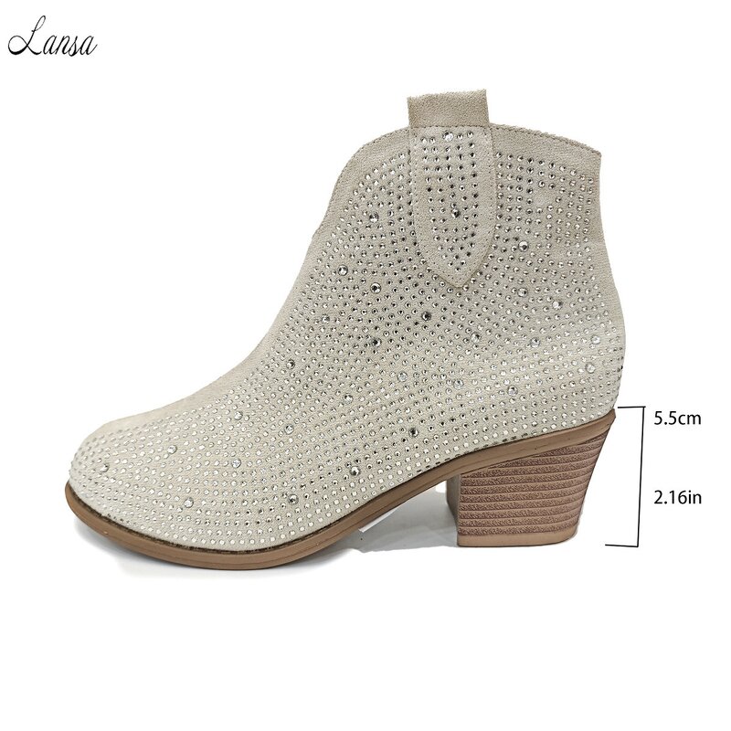 Ankle Boots Manufacturer - OEM/ODM Bling Rhinestones PU Leather Chunky Heels