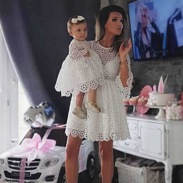 White Dresses Factory - OEM/ODM Cute Mommy and Me Hollow Out Lace Long Sleeve