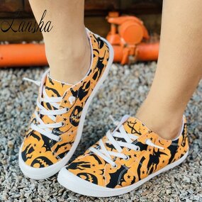 Canvas Sneakers Manufacturer - OEM/ODM Halloween Pumpkin Bat Print Flat Shoes