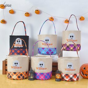 Halloween Bucket Factory - OEM/ODM Orange Black Plaid Ghost Embroidery Bucket