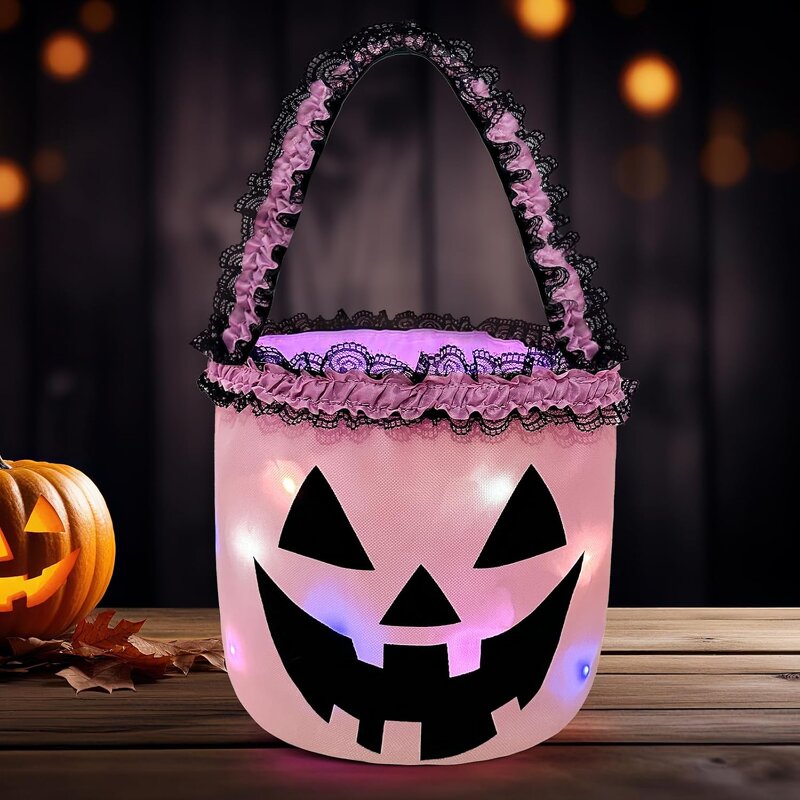 Halloween Basket Manufacturer - OEM/ODM Custom Pumpkin Print Ruffle LED Bucket