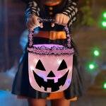 Halloween Basket Manufacturer - OEM/ODM Custom Pumpkin Print Ruffle LED Bucket