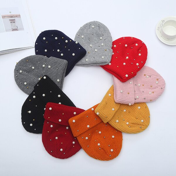 Beanie Cap Manufacturer - OEM/ODM Custom Solid Color Cuffed Pearl Decoration Cap