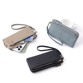 Clutch Purse Manufacturer - OEM/ODM Custom Genuine Leather Double Zipper Wristlet