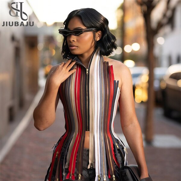 Tank Top Manufacturer - OEM/ODM Custom Colorful Stripe Halter Multiple Zip