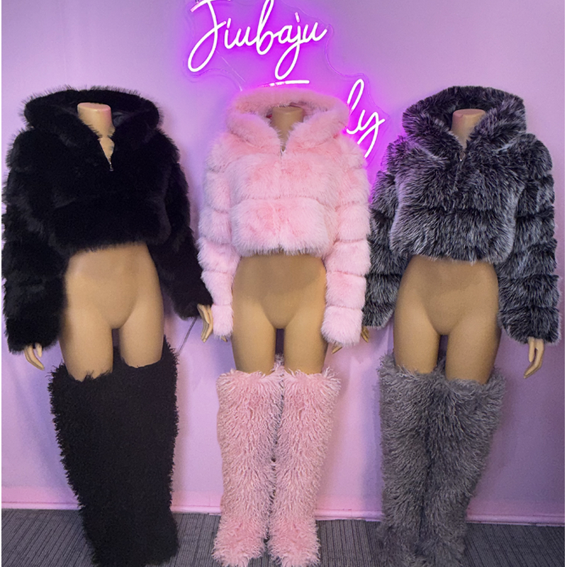 Furry Coat Manufacturer - OEM/ODM Custom Plus Size Cropped Faux Fur Hooded