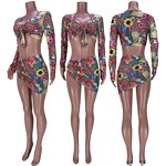 Three Piece Swimsuit Manufacturer - OEM/ODM Custom Floral Print Mesh Long Sleeve
