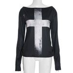 T-Shirt Manufacturer - OEM/ODM Custom Women Cross Print Loose Off-Shoulder