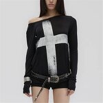 T-Shirt Manufacturer - OEM/ODM Custom Women Cross Print Loose Off-Shoulder