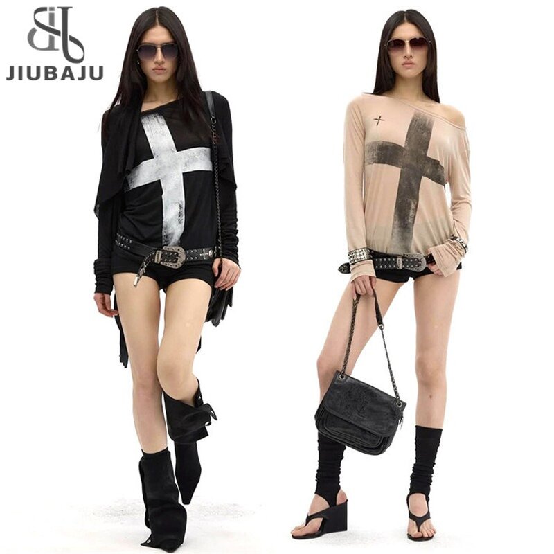 T-Shirt Manufacturer - OEM/ODM Custom Women Cross Print Loose Off-Shoulder