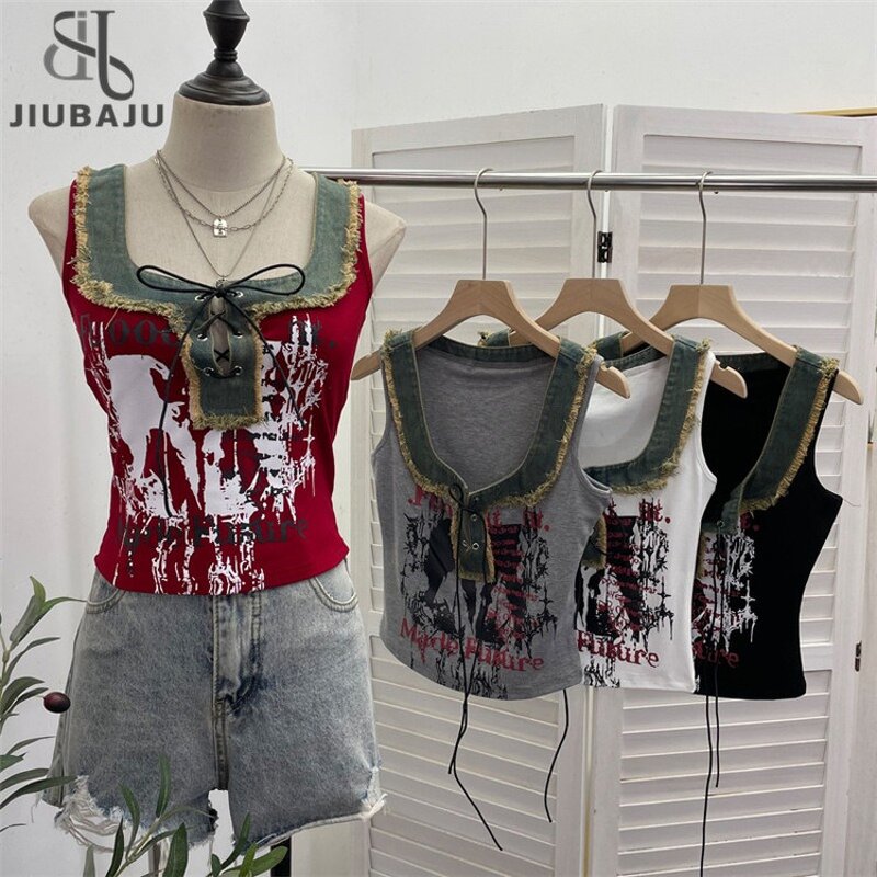 Denim Vest Manufacturer - OEM/ODM Custom Retro Raw Edge Splicing Printed