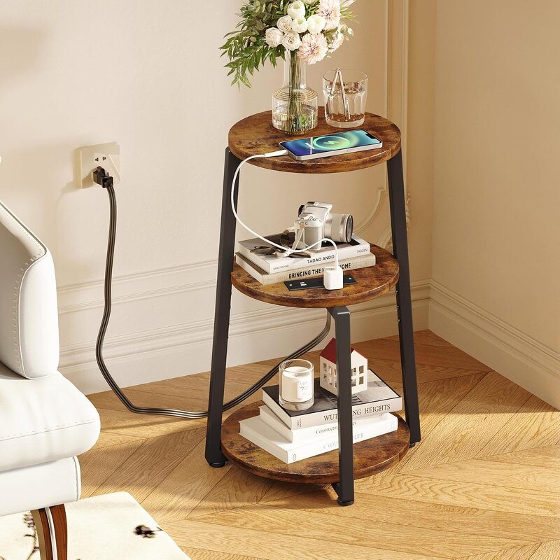 Nightstand Factory - 3-Tier Rustic Brown Metal Frame with USB Ports