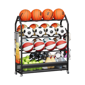 Rolling Ball Storage Rack Factory - 4-Layer Outdoor Basketball Holder with Hooks