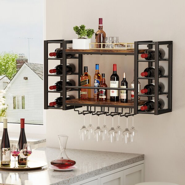 Wall Mounted Wine Rack Supplier - Double Layer with Glass Cup Holder Metal