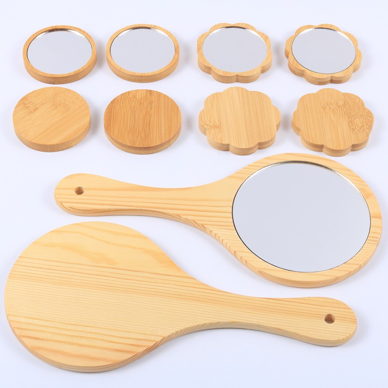 Handheld Mirror Manufacturer - OEM Natural Wood Round Silver Finish Portable