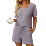 Ribbed Pajamas Factory - OEM Summer New Women's Clothing European American Solid Color Ribbed Short-Sleeved Pajamas