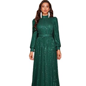 Sequin Dress Factory - OEM Women's Solid Color Sequin Long Sleeve Turtleneck Evening Dress Long Skirt Simple Elegant