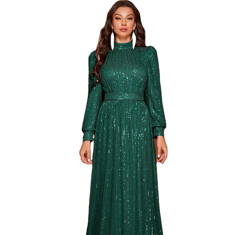 Sequin Dress Factory - OEM Women's Solid Color Sequin Long Sleeve Turtleneck Evening Dress Long Skirt Simple Elegant