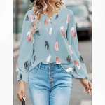 Chiffon Shirt Manufacturer - OEM Autumn Winter New Women's V-Neck Feather Print Bell Sleeves Loose Fit