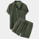 Corduroy Suit Set Manufacturer - OEM 2025 Men's Summer Casual Suit Set Vintage Style Breathable Corduroy Shirt & Shorts