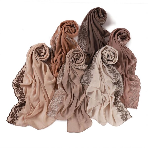 Islamic Shawl Factory - OEM 2024 Ruizi Women Islamic Shawl Muslim Headscarf Bawal Tudung Vine Pattern Embroidery Chiffon