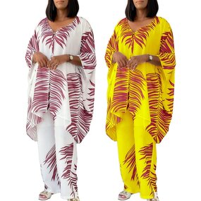 Printed Top and Pants Set Factory - OEM Two Loose Printed V-Neck Top and Wide Leg Pants Set 2 Piece Outfits