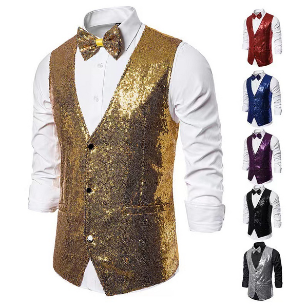 Sequins Vest Factory - OEM Men's Fashion Stage Performance Suit with Small Sequins Vest for Male Host Emcee Photo Studio