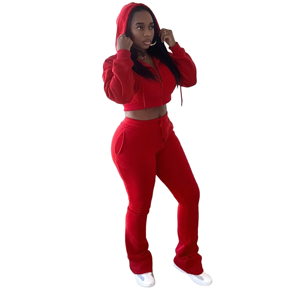 Women's Set Manufacturer - OEM Streetwear Fashion Women's Fleece Sweatshirt Hooded Cardigan Skinny Solid Stacked Flared Pants