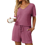 Ribbed Pajamas Factory - OEM Summer New Women's Clothing European American Solid Color Ribbed Short-Sleeved Pajamas