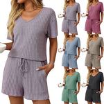 Ribbed Pajamas Factory - OEM Summer New Women's Clothing European American Solid Color Ribbed Short-Sleeved Pajamas