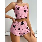 Satin Halter Pajama Set Factory - OEM Women's Casual Satin Halter Shorts Pajama Set Love Print Knee-Length with Elastic