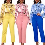 Office Blouse Set Factory - OEM Office Blouse Elegant Print Strap Long Sleeve Shirt and Pants Set Outfits for Women